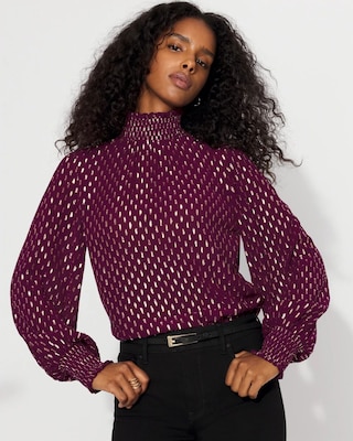Jacquard + Gold Clip Mock Neck Blouse | White House Black Market